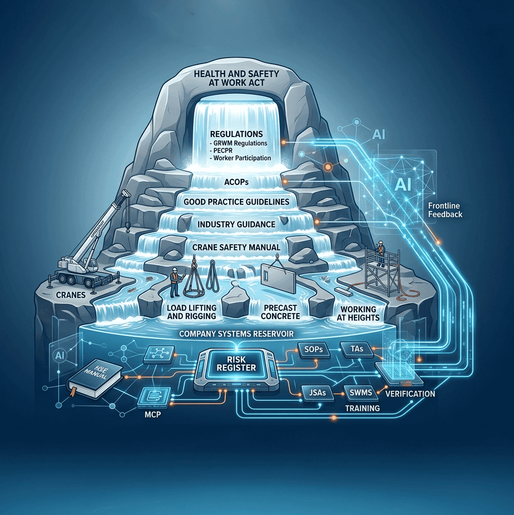 The HSE waterfall — legislation flows down through regulations, ACOPs, GPGs, industry guidance, and company systems into the risk register, and AI connects the register bidirectionally to procedures and verification.