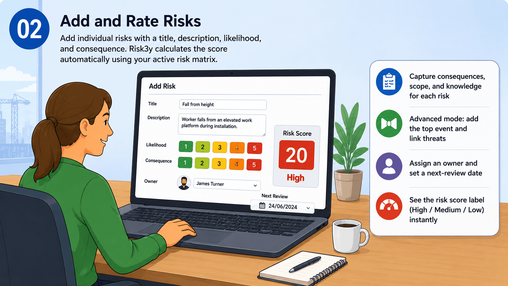 Risk3y screenshot: adding a risk with likelihood, consequence, and automatic risk score calculation