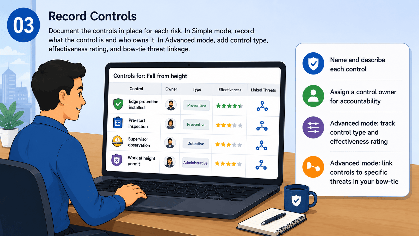 Risk3y screenshot: recording risk controls with owner, type, and effectiveness rating