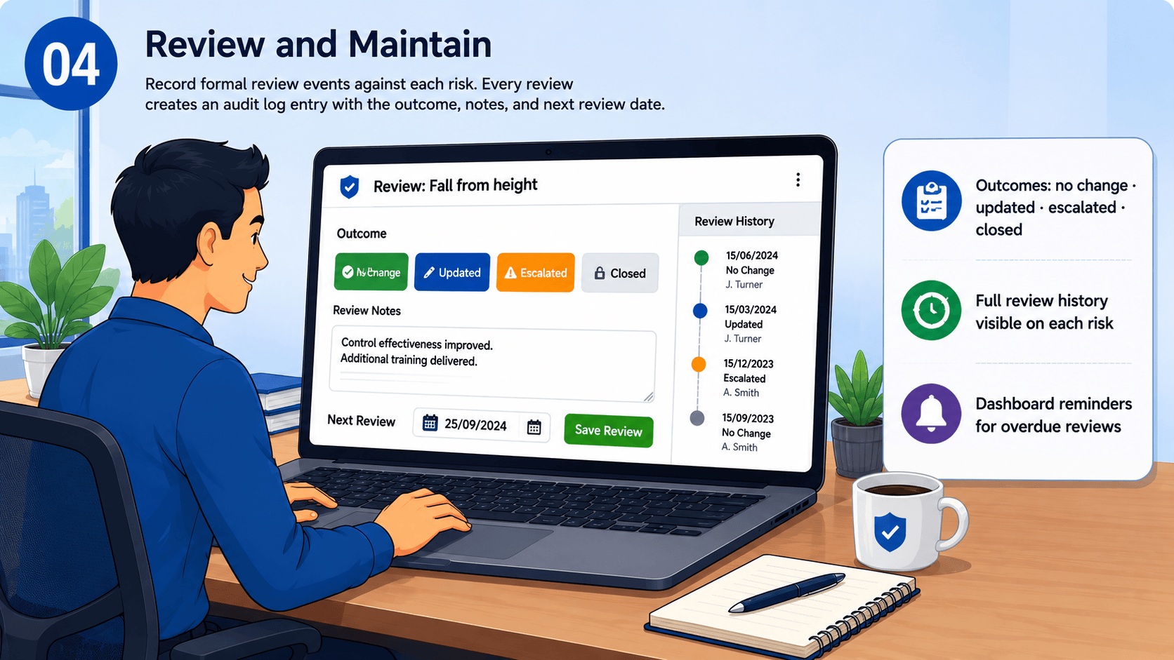 Risk3y screenshot: recording a formal risk review with outcome, notes, and next review date