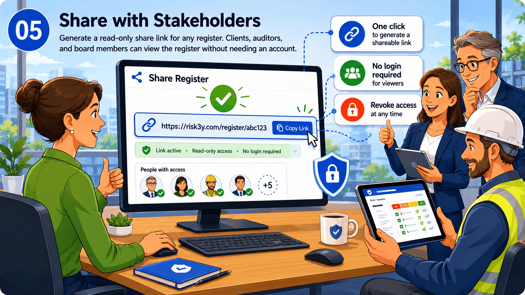 Risk3y screenshot: generating a read-only share link for a risk register visible without login